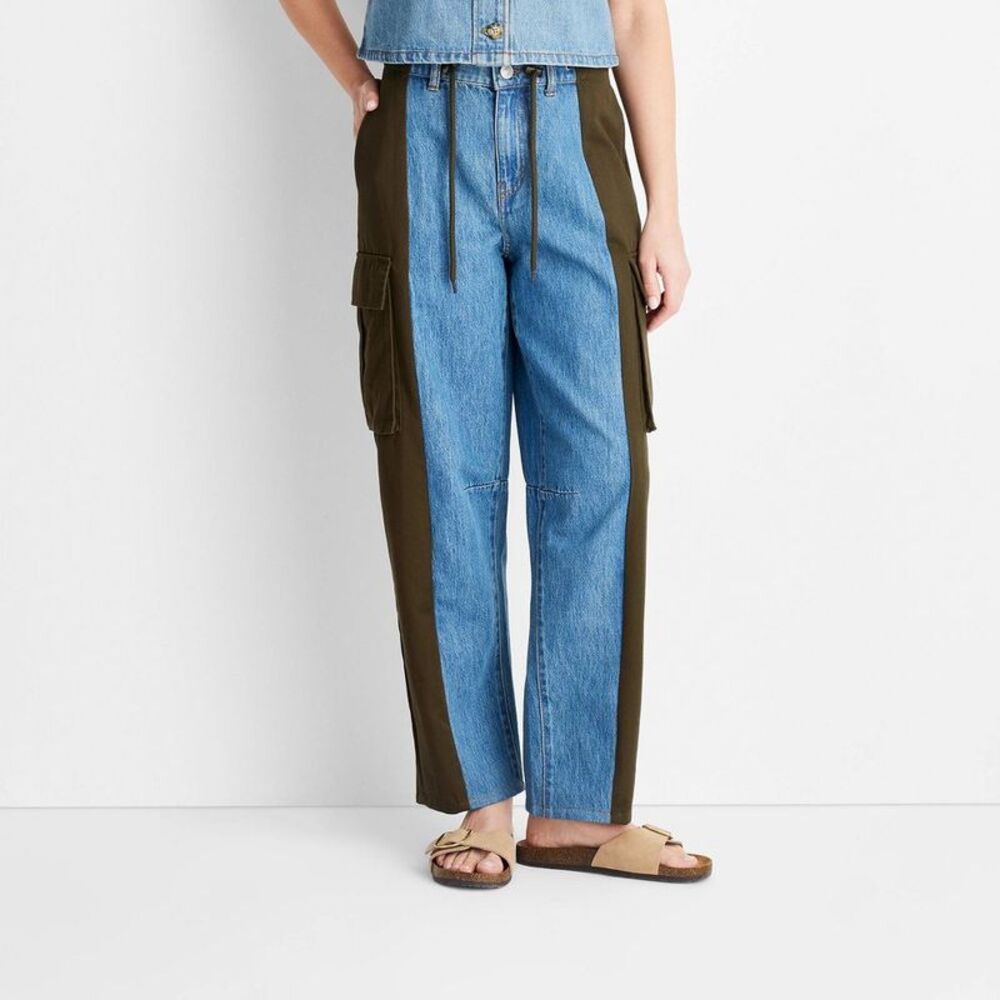 Two-Tone Wide Leg Cargo Pants - Blue & Olive